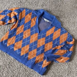 Argyle V-Neck Knit Sweater in Blue and Orange